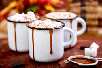 Hot chocolate with marshmallow candies on wooden background.