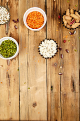 Collection set of beans and legumes. Bowls of various lentils.