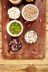 Bowls of various Collection set of beans and legumes.