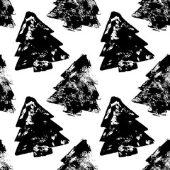Abstract black and white vector seamless hand drawn pattern with brush painted christmas trees. Xmas modern brush strokes background. Trendy holiday design for wrapping, surface texture, wallpaper...