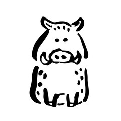 Fototapeta premium 年賀状素材 亥年 座る猪 筆 手描き 白黒