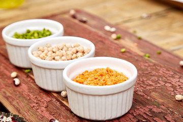 Bowls of various Collection set of beans and legumes.