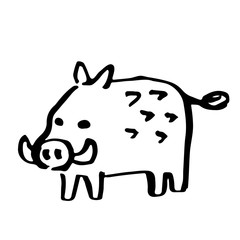 年賀状素材　亥年　手を振る猪たち　筆　手描き　白黒