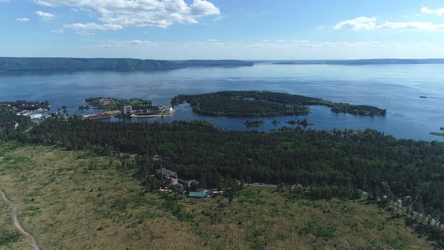 aerial view on wide river and woods