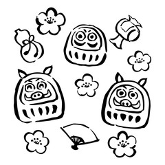 年賀状素材　亥年　猪とダルマと縁起物セット　筆　手描き　白黒
