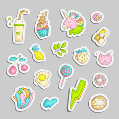 Cute funny Girl teenager colored stickers set, fashion cute teen and princess icons. Magic fun cute girls objects - unicorn, lollipop, eggs, branch, lemon, cat and other draw teens icon patch