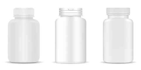 Medical bottles set. White containers for drugs, pills, supplements. 3d jar vector illustration.