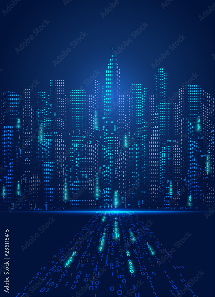 Poster concept of communication technology; digital building with lighting effect