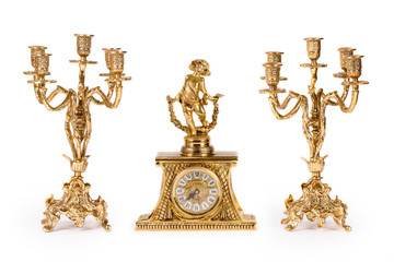 Fototapeta na wymiar Vintage gold watch with candelabra on white background