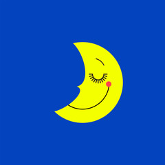 Obraz na płótnie Canvas Night vector illustration. Cute night design concept. Moon flat icon, logo, moon symbol, shape, emblem isolated on blue background. Sleep symbol, sign. Graphic element, label. Bed time, dreaming.