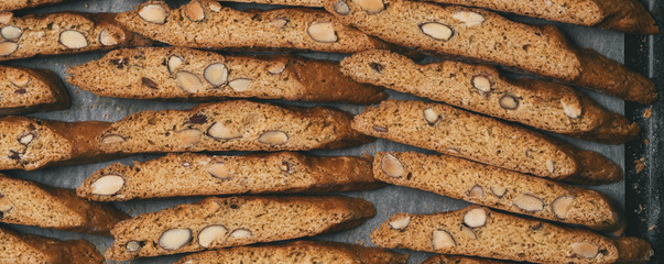Italian Biscotti cookies dry on the baking sheet.  The cookies are lined in rows.