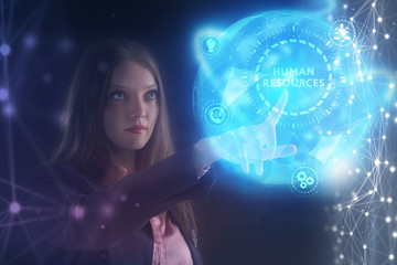 The concept of business, technology, the Internet and the network. A young entrepreneur working on a virtual screen of the future and sees the inscription: Human resources