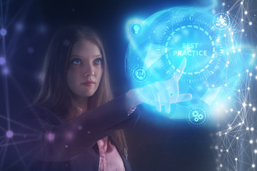 The concept of business, technology, the Internet and the network. A young entrepreneur working on a virtual screen of the future and sees the inscription: Best practice