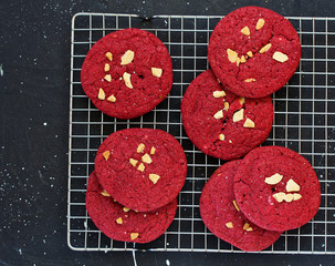 Red velvet cookies with white chocolate. American cuisine.