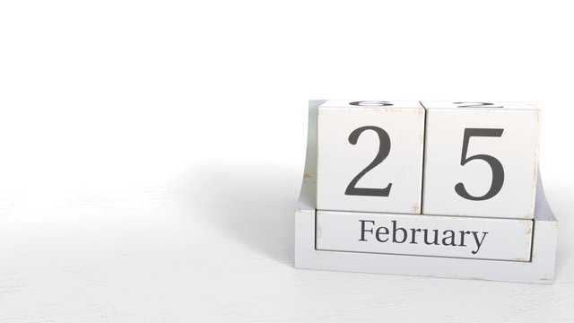 February 25 date on wood bricks calendar. 3D animation