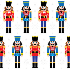 Christmas nutcracker vector seamless pattern - soldier figurine repetitive ornament with snowflakes on white background