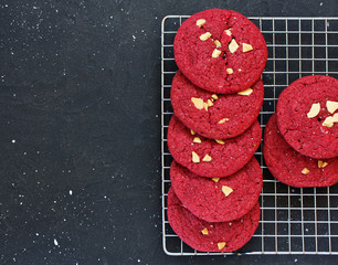 Red velvet cookies with white chocolate. American cuisine.