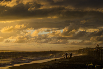 People playing with dog on the beach at sunset