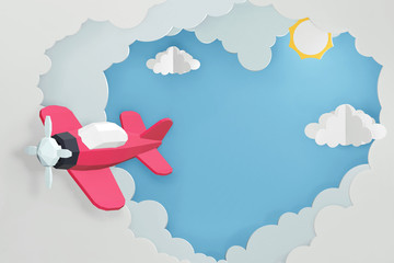 Paper art style of Heart ribbon with Pink plane flying in the sky, Romantic, sweet, cute, Perfect Valentine’s Day Cards for the loved ones in your life, 3D rendering design.
