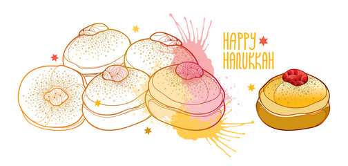 Vector greeting card with outline traditional symbol Hanukkah sufganiyah or sufganiyot or doughnut in pastel beige and pink isolated on white background. Contour jelly donut for Jewish Hanuka design.