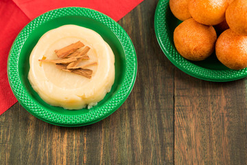 Buñuelos and natilla Colombian Christmas food - Top view