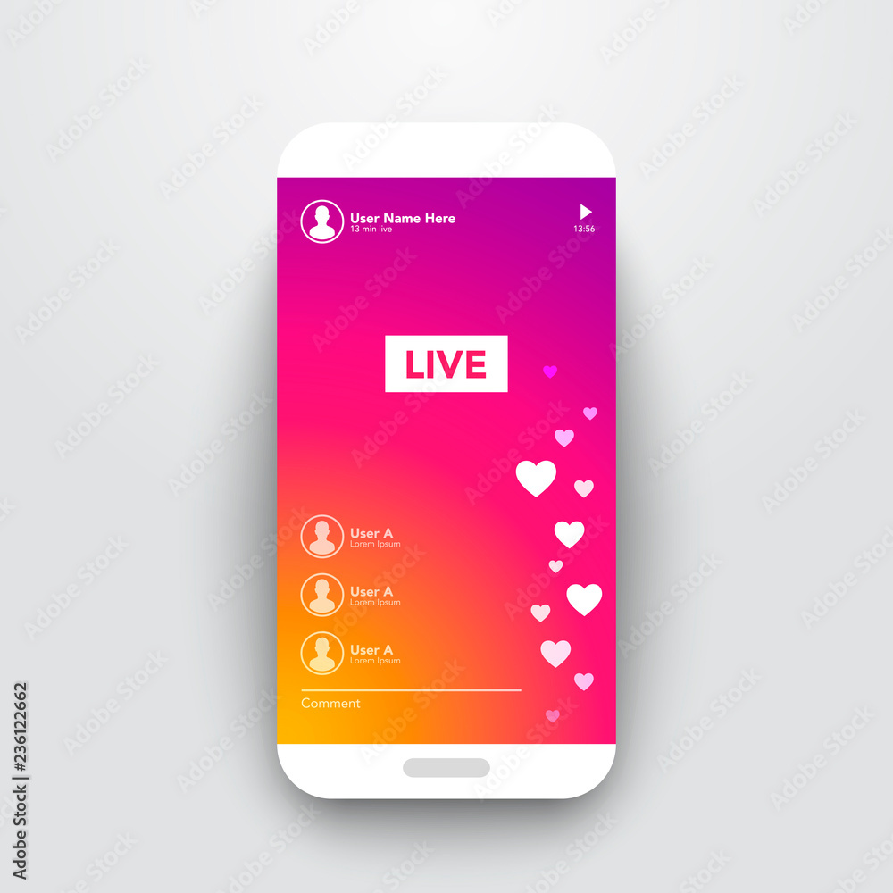 Aufkleber vector illustration live video streaming stories on colorful gradient background. smartphone stream 