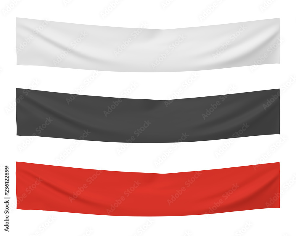 Fototapete 3d rendering of three horizontally flags of white, black and red colors hanging on a white background.