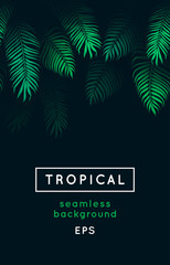 Abstract vector tropical decoration isolated on black. Green foliage border, jungle plants, irregular exotic leaves. Repeating rainforest background, seamless leaf pattern, decor.