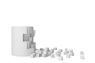 Fototapeta premium 3d rendering of a solid cylinder shaped block getting destroyed with perfectly shaped square pieces lying nearby.