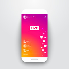 Vector Illustration Live Video Streaming Stories On Colorful Gradient Background. Smartphone Stream User Interface Template.