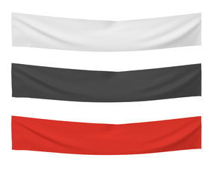 3d rendering of three horizontally flags of white, black and red colors hanging on a white background.