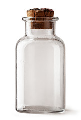 Empty glass jar with brown corke isolated on white background with clipping path.