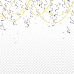 Falling silver serpentine and gold beads on transparent background. Shine ribbon. Holiday design.Vector realistic background