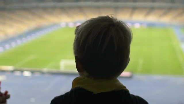 Back view of young boy looking at football pitch, dreaming to become footballer