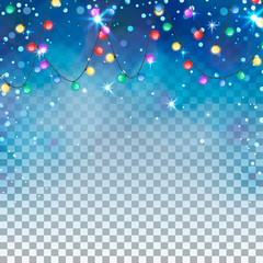 Transparent winter background with colorful garland. Blue ligth and snowflakes. Vector