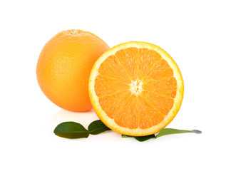 whole and half cut fresh Navel orange with leaf on white background