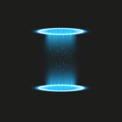 Magic fantasy portal. Futuristic teleport. Light effect. Blue candles rays of a night scene with sparks on a transparent background. Empty light effect of the podium. Disco club dancefloor.