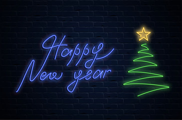 Happy New Year neon luminous poster with Christmas tree on brick background.