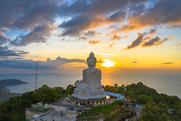 aerial view sunset at Phuket big Buddha viewpoint. Phuket Big Buddha is one of the island most important and revered landmarks on Phuket island.. © Narong Niemhom