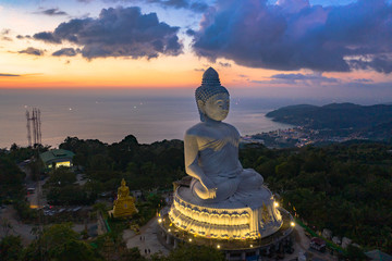 aerial view Phuket big Buddha in twilight. Phuket Big Buddha is one of the island most important and revered landmarks on Phuket island..