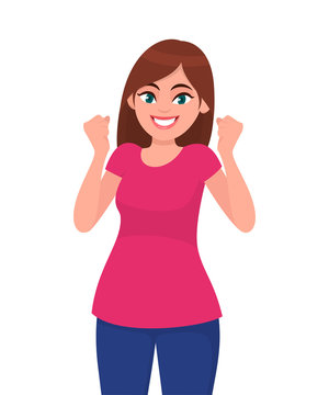 Happy successful young woman raising hands. Woman celebrating success, gesturing raised fists up. Human emotion and body language concept illustration in vector cartoon flat style.