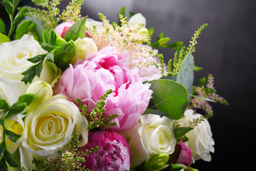 Composition with bouquet of freshly cut flowers