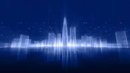 Abstract hologram 3D city rendering with futuristic matrix. Digital skyline with a binary code particles network. Technology and connection concept. Architecture background with particle skyscrapers.