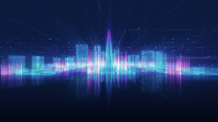 Abstract hologram 3D city rendering with futuristic matrix. Digital skyline with a binary code particles network. Technology and connection concept. Architecture background with particle skyscrapers.