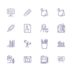 Lesson icons. Set of line icons. Teacher, stationary, blackboard, textbooks. Education concept. Vector illustration can be used for topics like studying, school, library