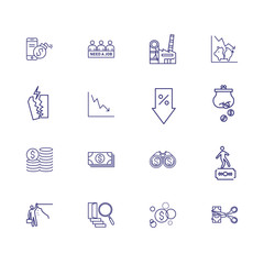 Monetary crisis icons. Set of line icons. Unemployment, bankruptcy, decline. Financial problems concept. Vector illustration can be used for topics like business, finance, banking