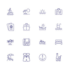 Naklejka premium Sea cruise icons. Set of line icons. Passport, beach, palm, hotel. Summer resort concept. Vector illustration can be used for topics like vacation, travel, tourism