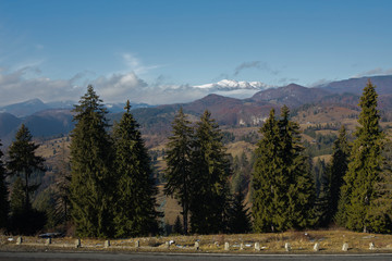 landscape with the Piatra Craiului Mountains in Romania on a sunny day in November