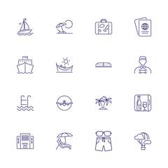 Voyage icons. Set of line icons. Hotel, passport, luggage, airplane. Trip concept. Vector illustration can be used for topics like travel, tourism, transportation