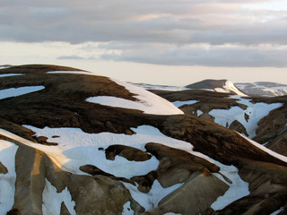 Beautiful landscape of Landmannalaugar on the top of the mountain Blahnukur during the sunset,...